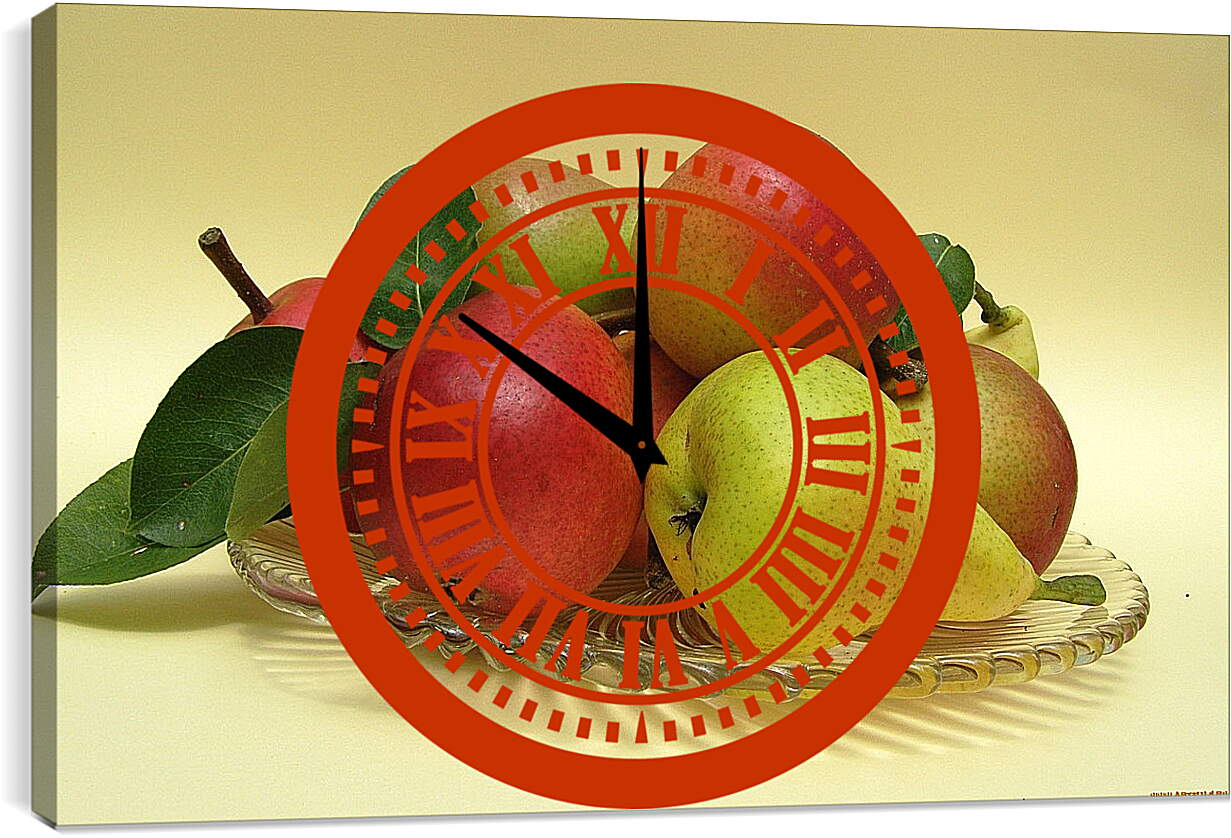 Часы картина - Груши и яблоки на стеклянной тарелочке