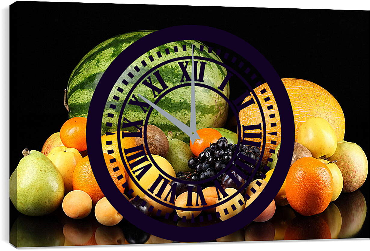 Часы картина - Арбуз, дыня и фрукты на столе