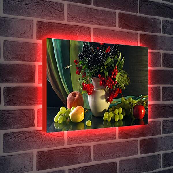 Лайтбокс световая панель - Ваза с ягодами и яблоки с виноградом на столе