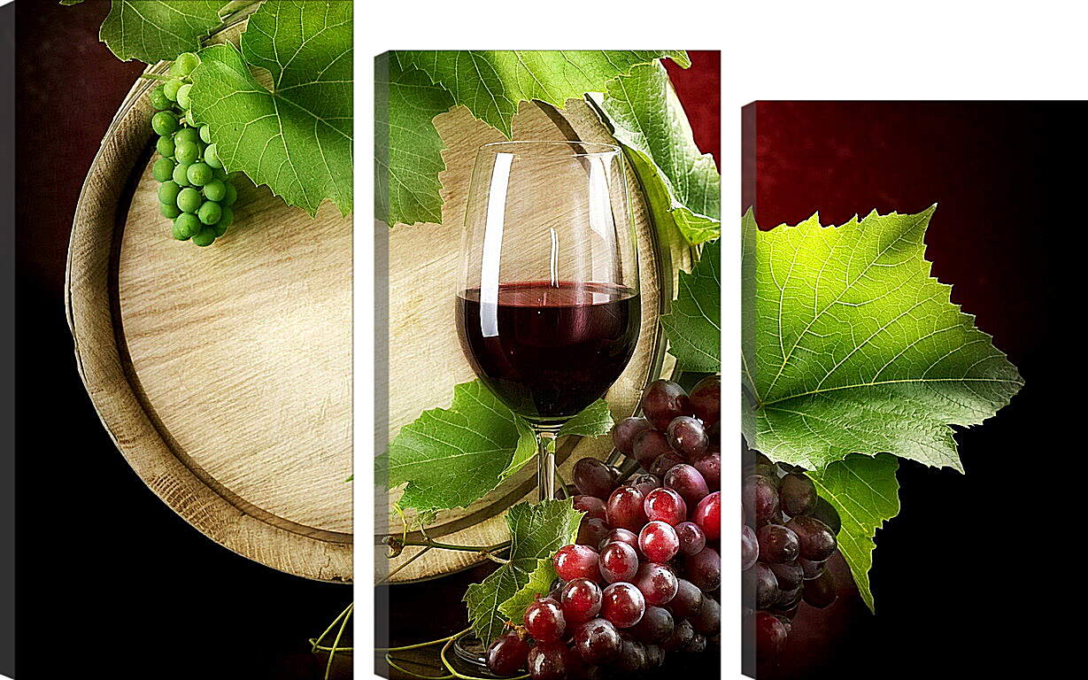 Модульная картина - Бокал вина, деревянная бочка, зелёный и красный виноград