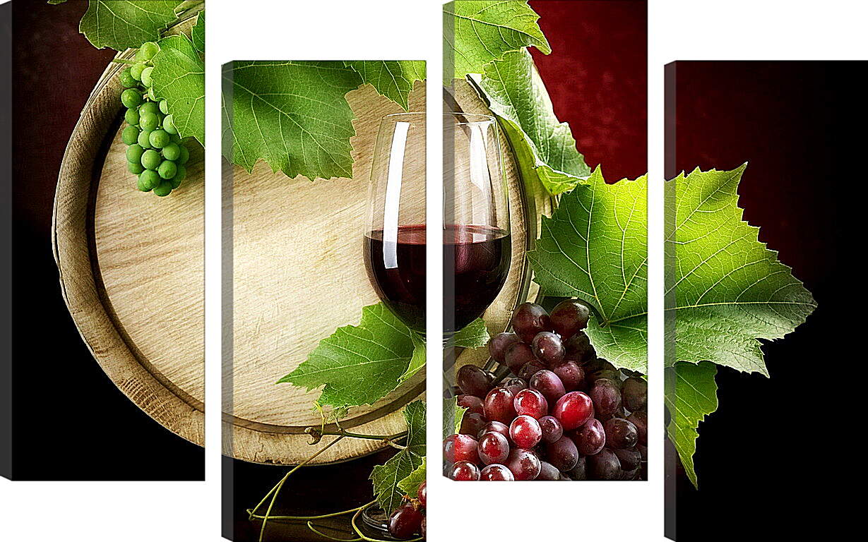 Модульная картина - Бокал вина, деревянная бочка, зелёный и красный виноград