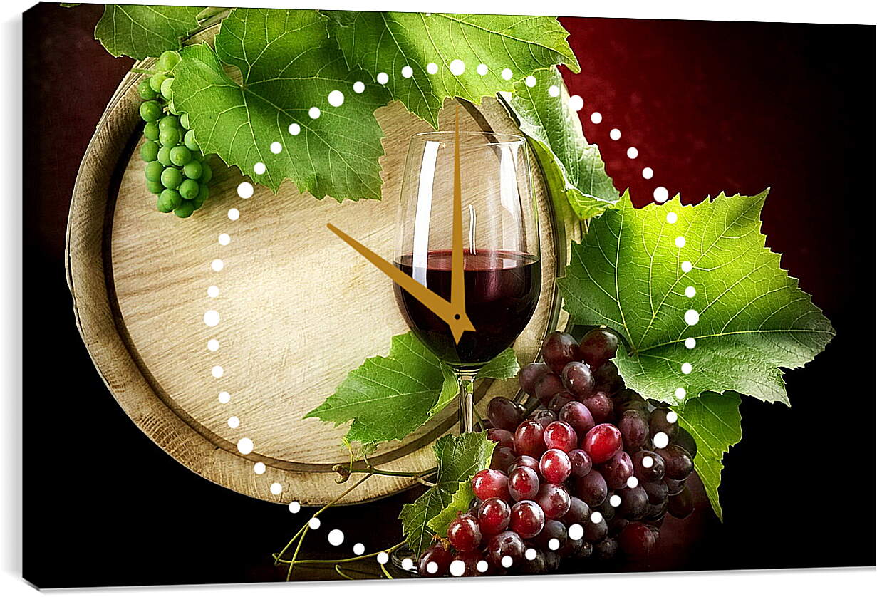 Часы картина - Бокал вина, деревянная бочка, зелёный и красный виноград
