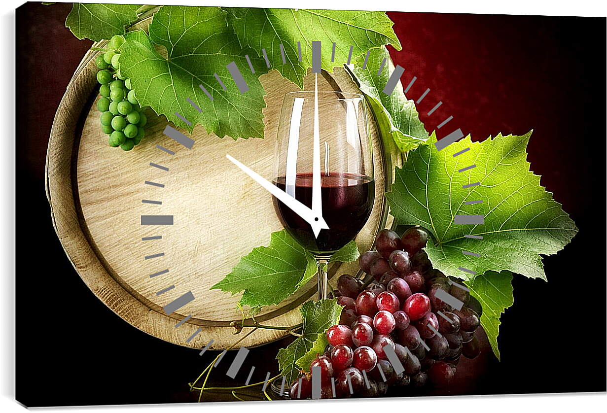 Часы картина - Бокал вина, деревянная бочка, зелёный и красный виноград