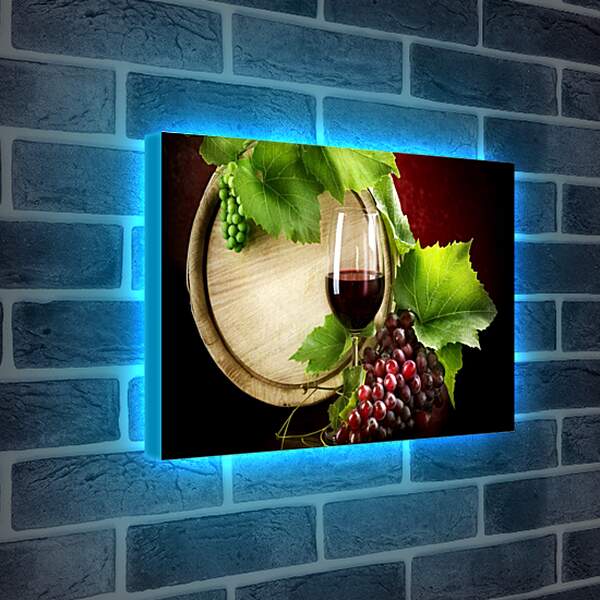 Лайтбокс световая панель - Бокал вина, деревянная бочка, зелёный и красный виноград