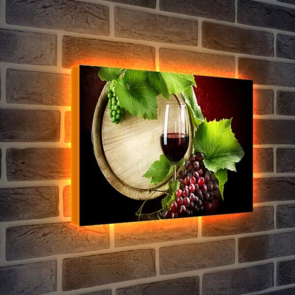 Лайтбокс световая панель - Бокал вина, деревянная бочка, зелёный и красный виноград