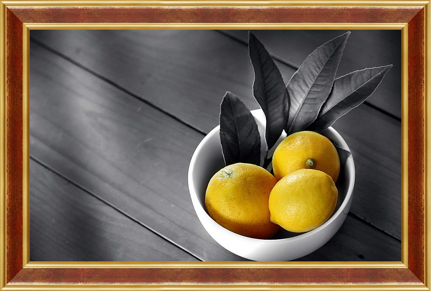 Картина в раме - Лимоны в белой тарелочке на столе