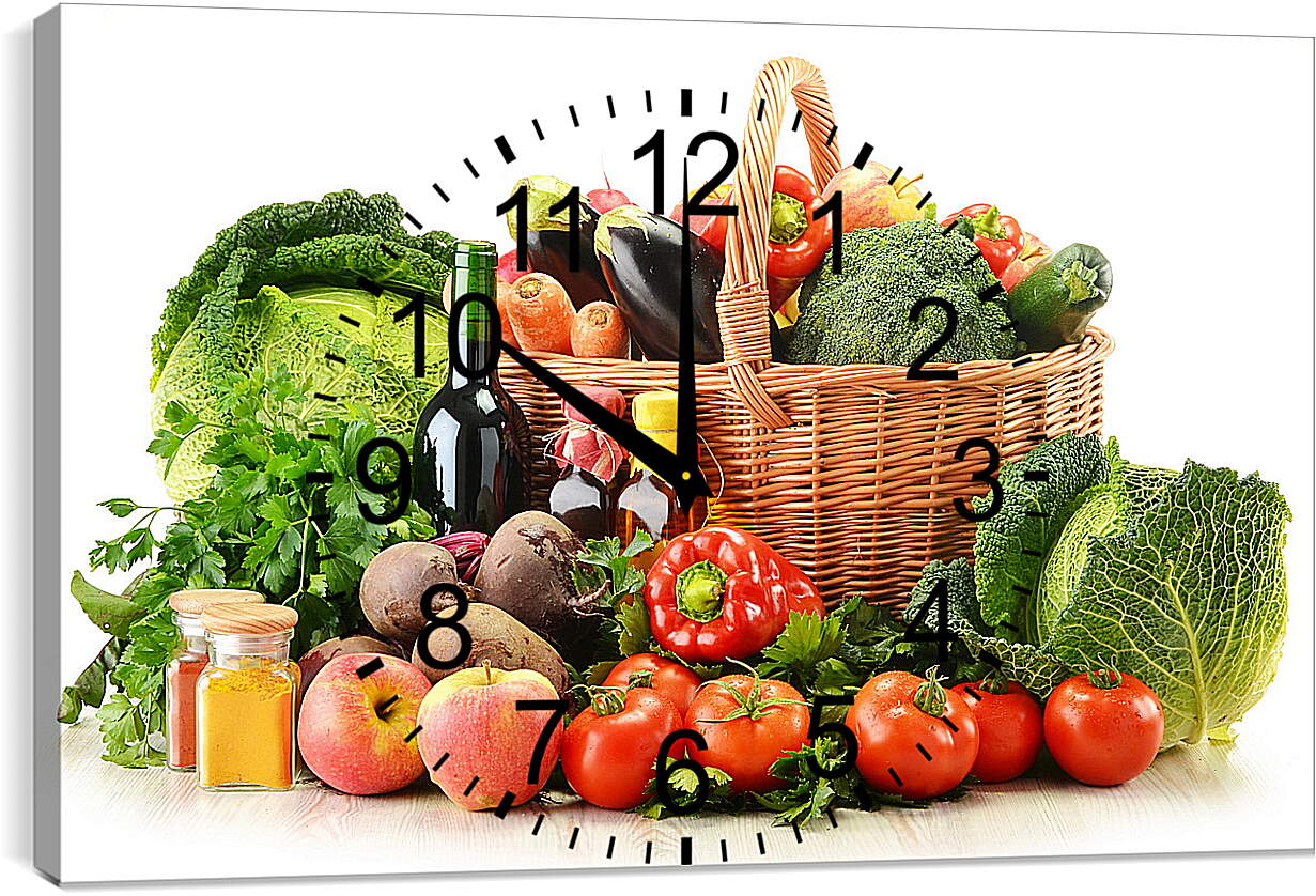 Часы картина - Два яблока, овощи в корзинке и возле неё