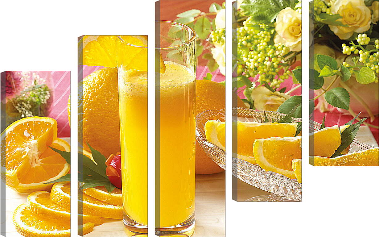 Модульная картина - Стакан апельсинового сока, целые апельсины и дольки