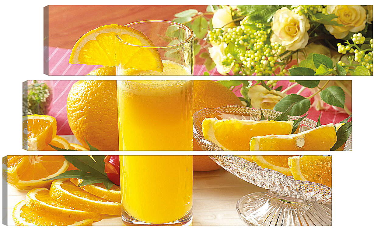 Модульная картина - Стакан апельсинового сока, целые апельсины и дольки