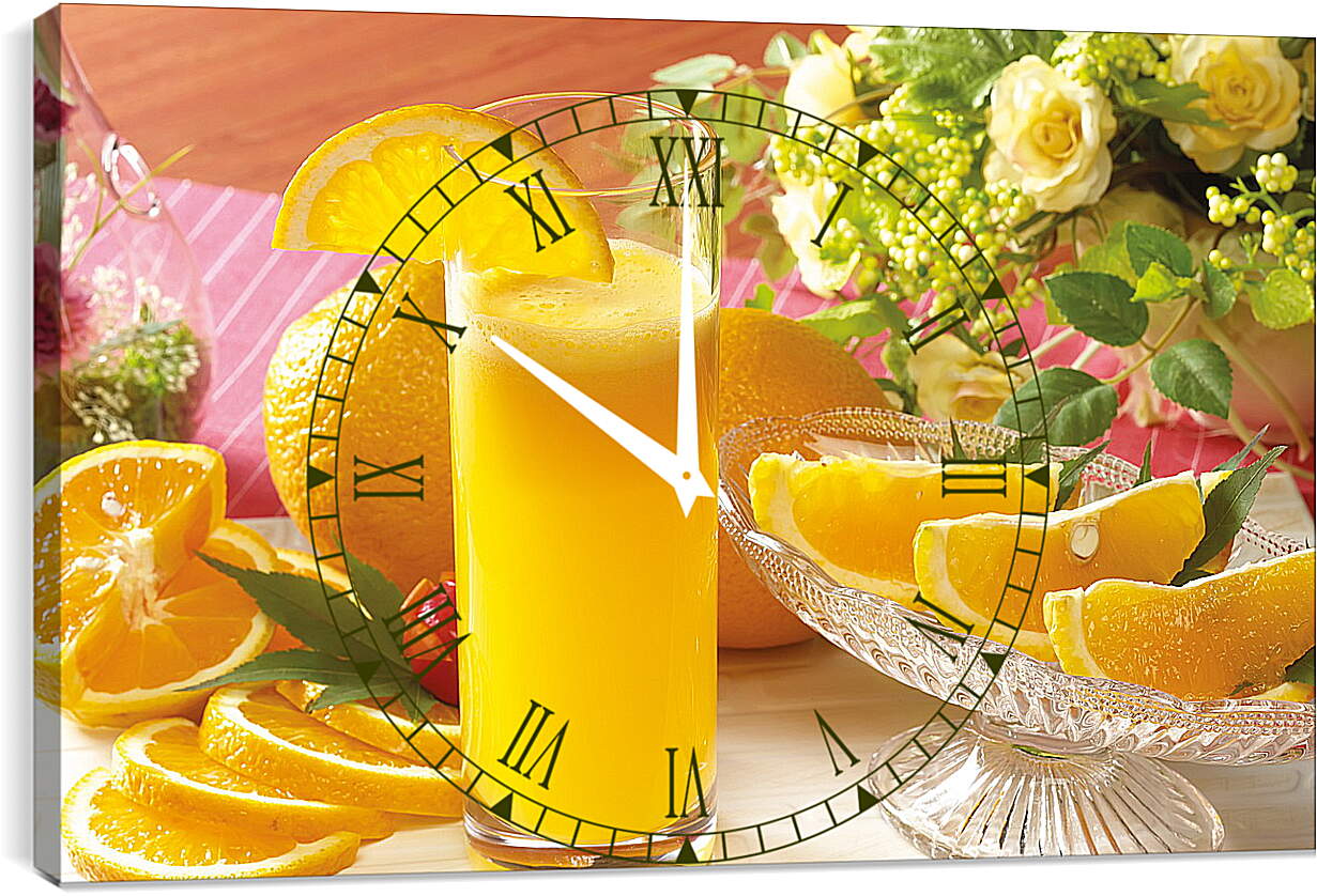 Часы картина - Стакан апельсинового сока, целые апельсины и дольки