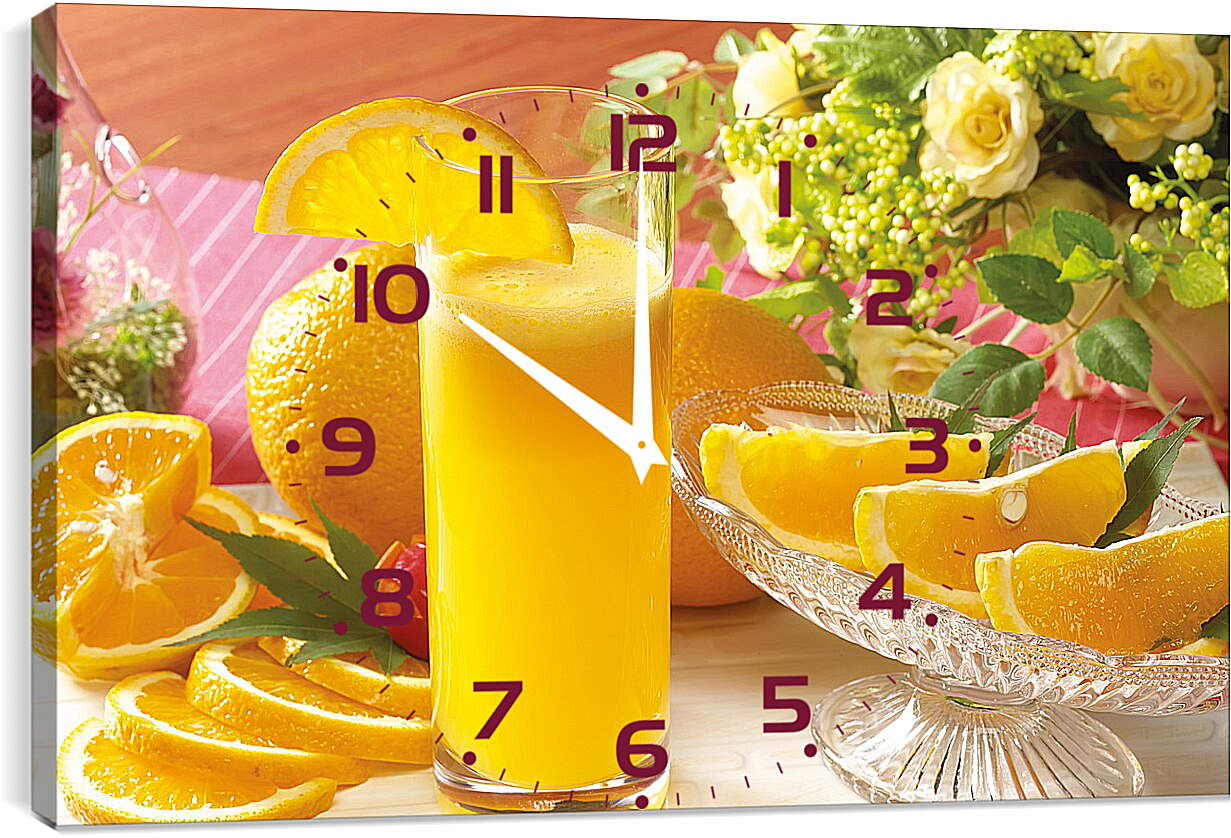 Часы картина - Стакан апельсинового сока, целые апельсины и дольки