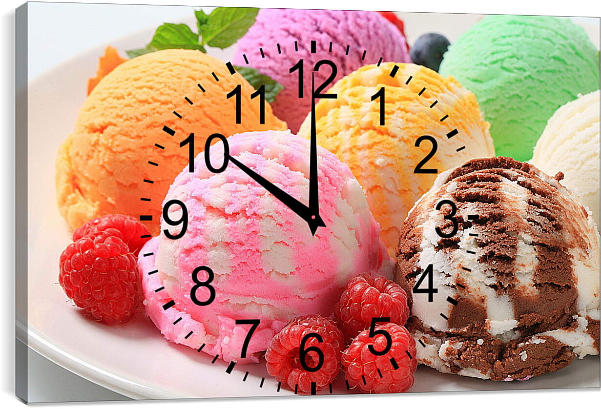 Часы картина - Разноцветный десерт в большой тарелке с малиной