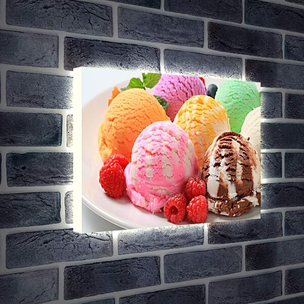 Лайтбокс световая панель - Разноцветный десерт в большой тарелке с малиной