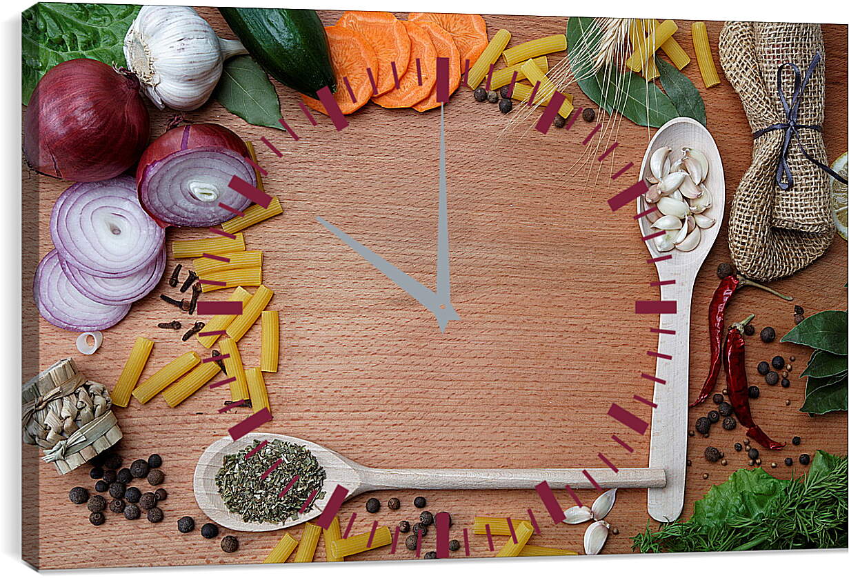 Часы картина - Красный острый перец, чеснок и лук на столе