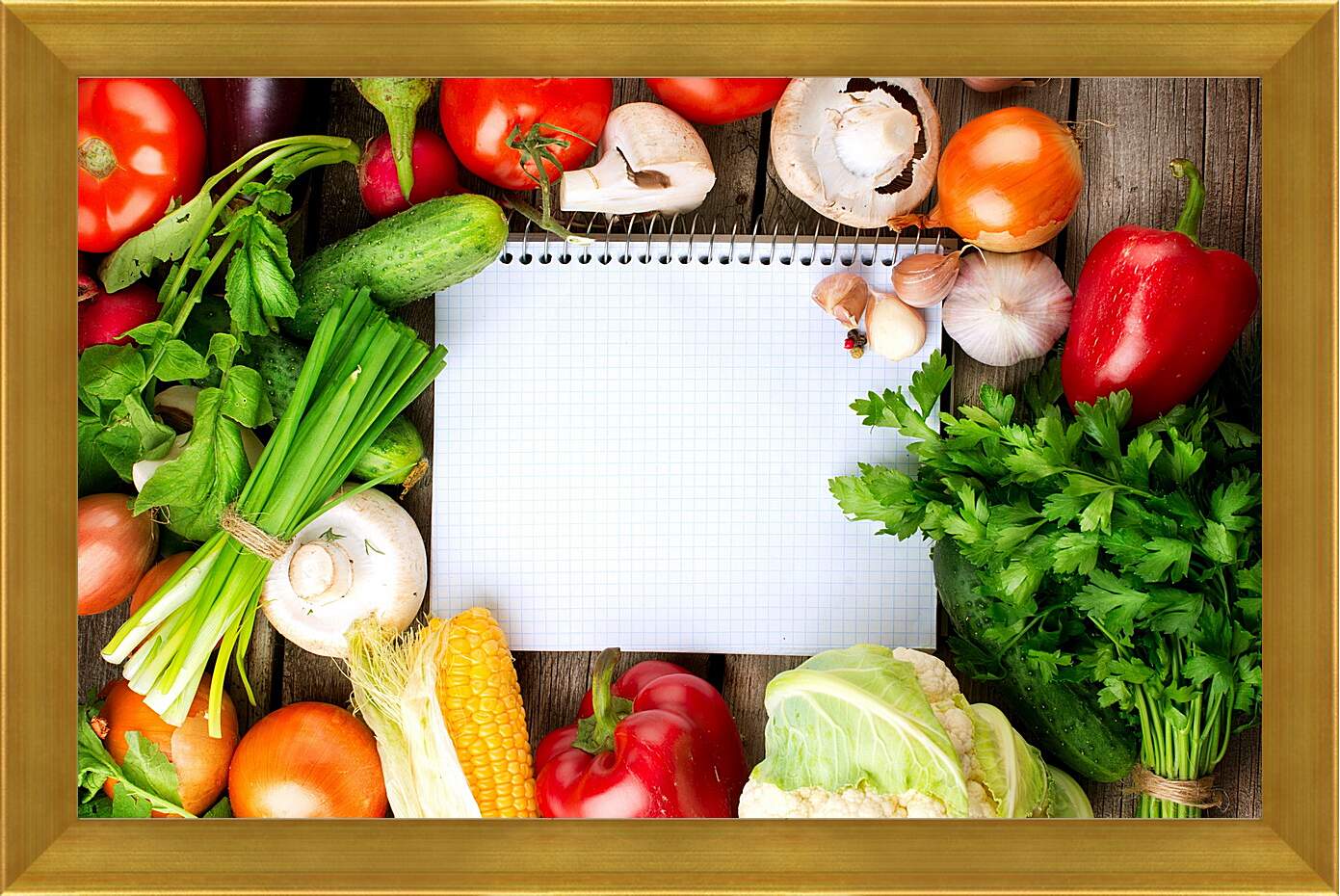 Картина в раме - Зелень, грибы и овощи на столе