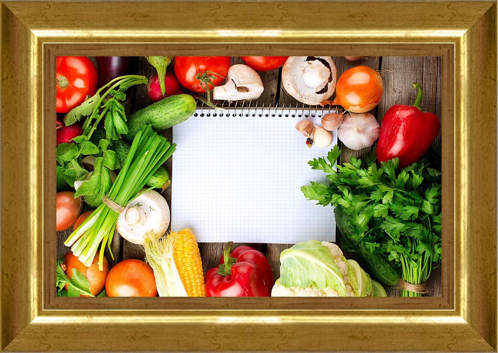 Картина в раме - Зелень, грибы и овощи на столе