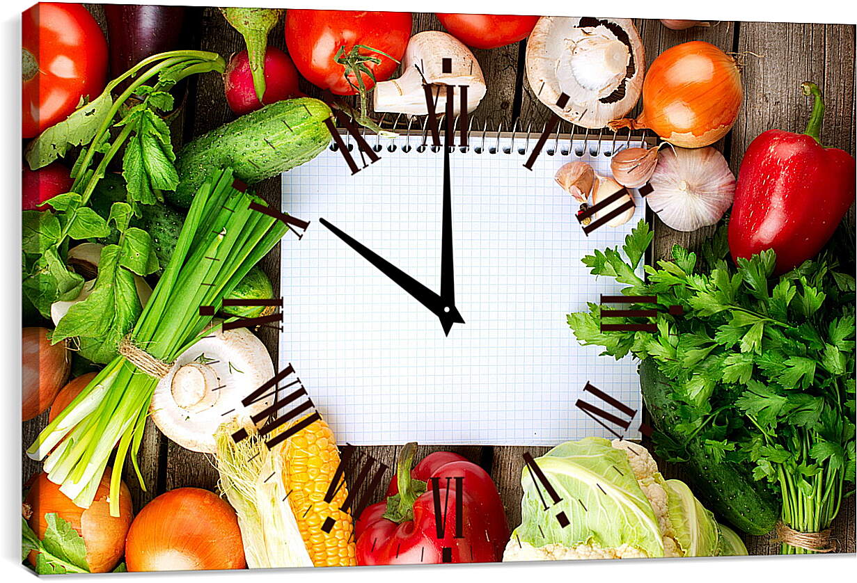 Часы картина - Зелень, грибы и овощи на столе