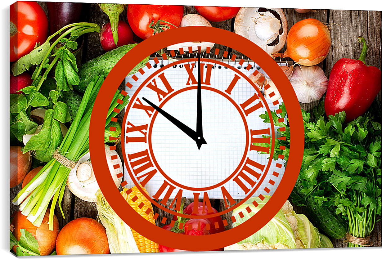 Часы картина - Зелень, грибы и овощи на столе