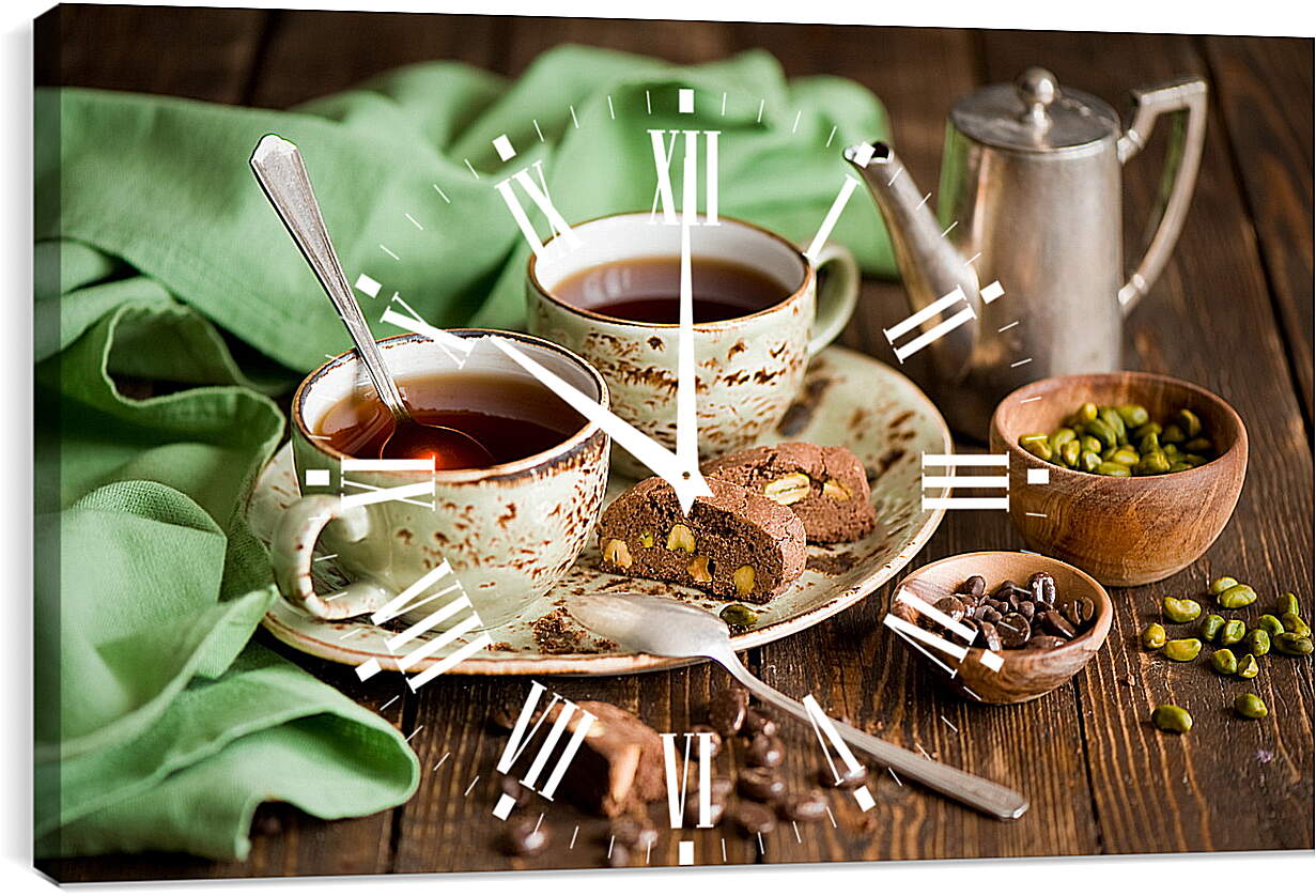 Часы картина - Две чашки на одном блюдце и чайничек на столе
