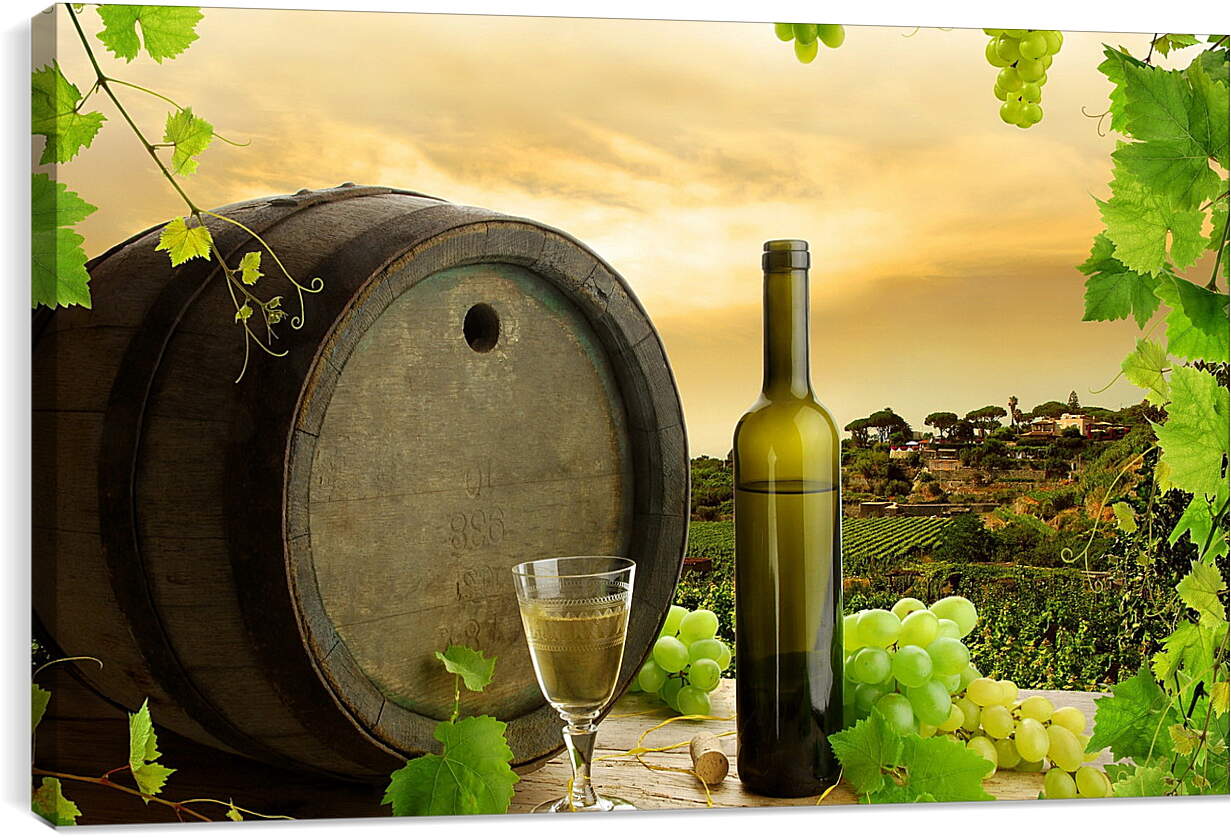 Постер и плакат - Виноградная плантация и бокал вина с бутылкой на столе