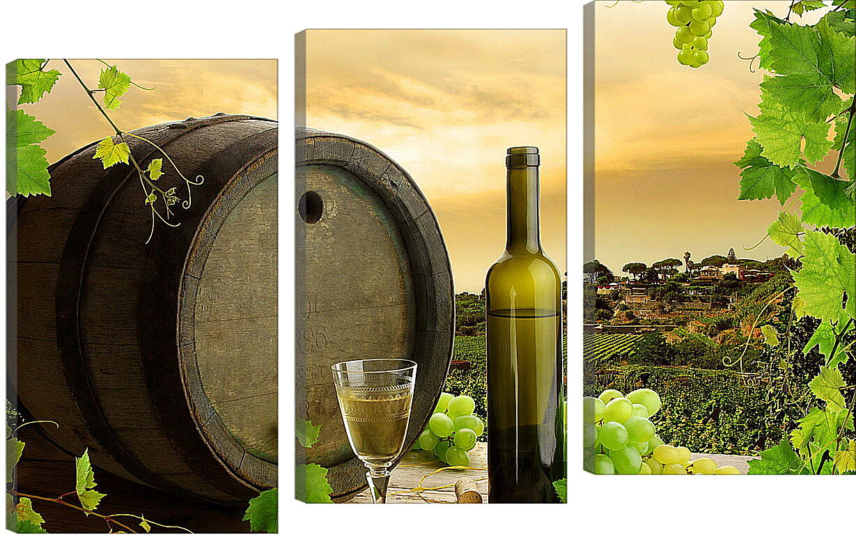 Модульная картина - Виноградная плантация и бокал вина с бутылкой на столе