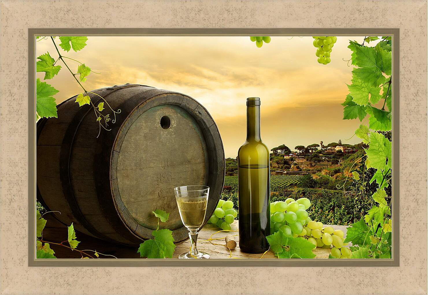 Картина в раме - Виноградная плантация и бокал вина с бутылкой на столе