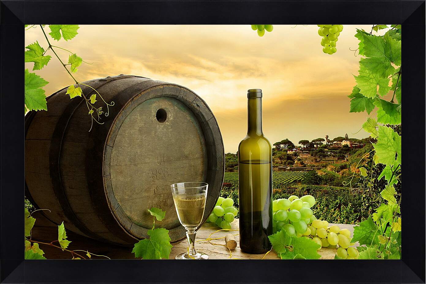 Картина в раме - Виноградная плантация и бокал вина с бутылкой на столе