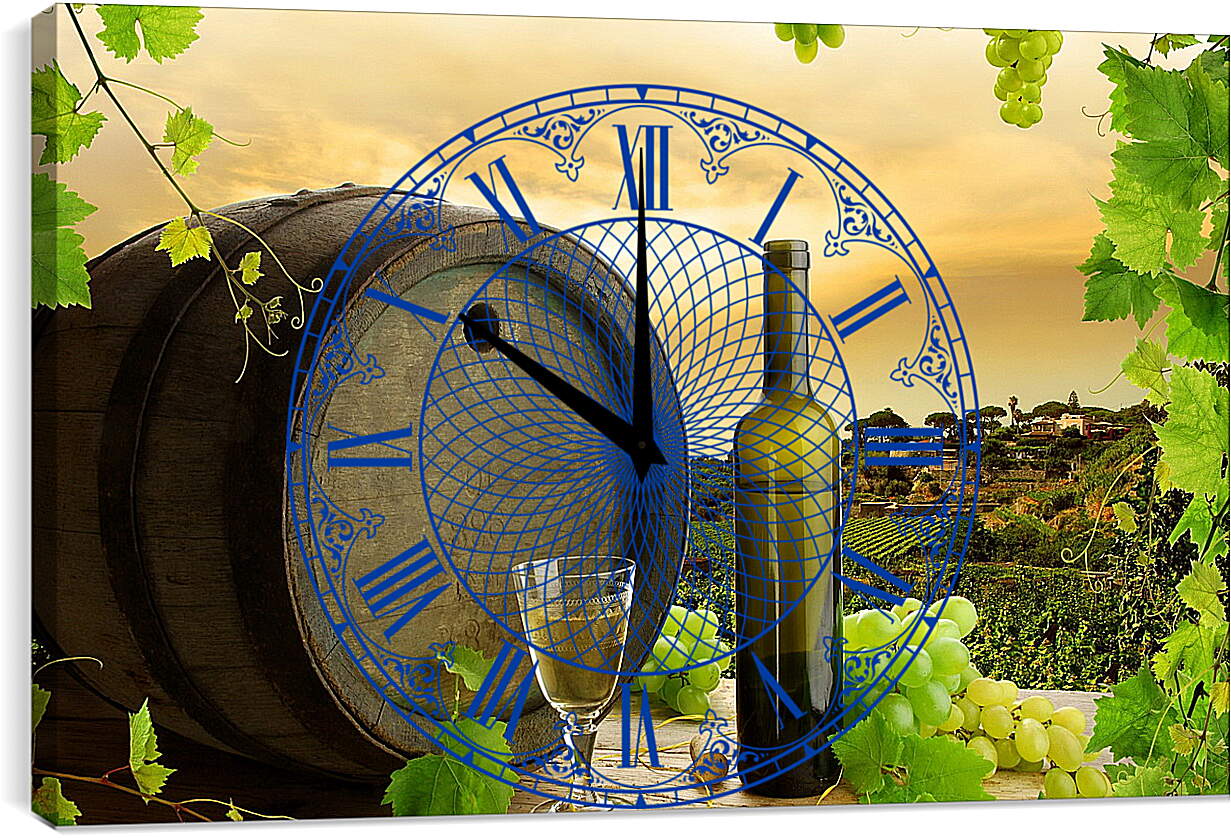 Часы картина - Виноградная плантация и бокал вина с бутылкой на столе