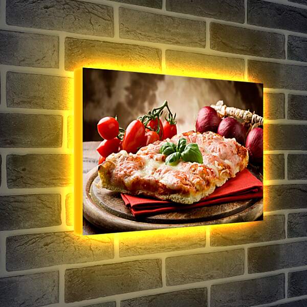 Лайтбокс световая панель - Кусок десерта на столе и помидоры