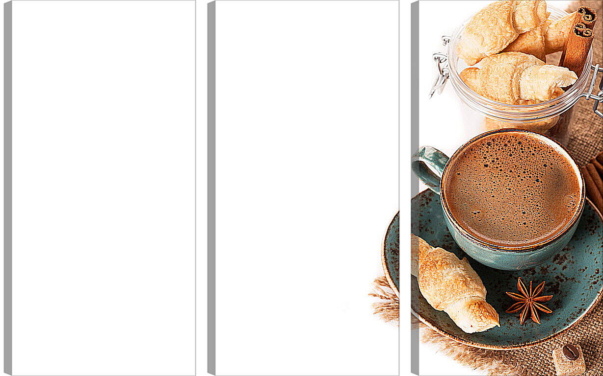 Модульная картина - Круассан на блюдечке и чашка кофе