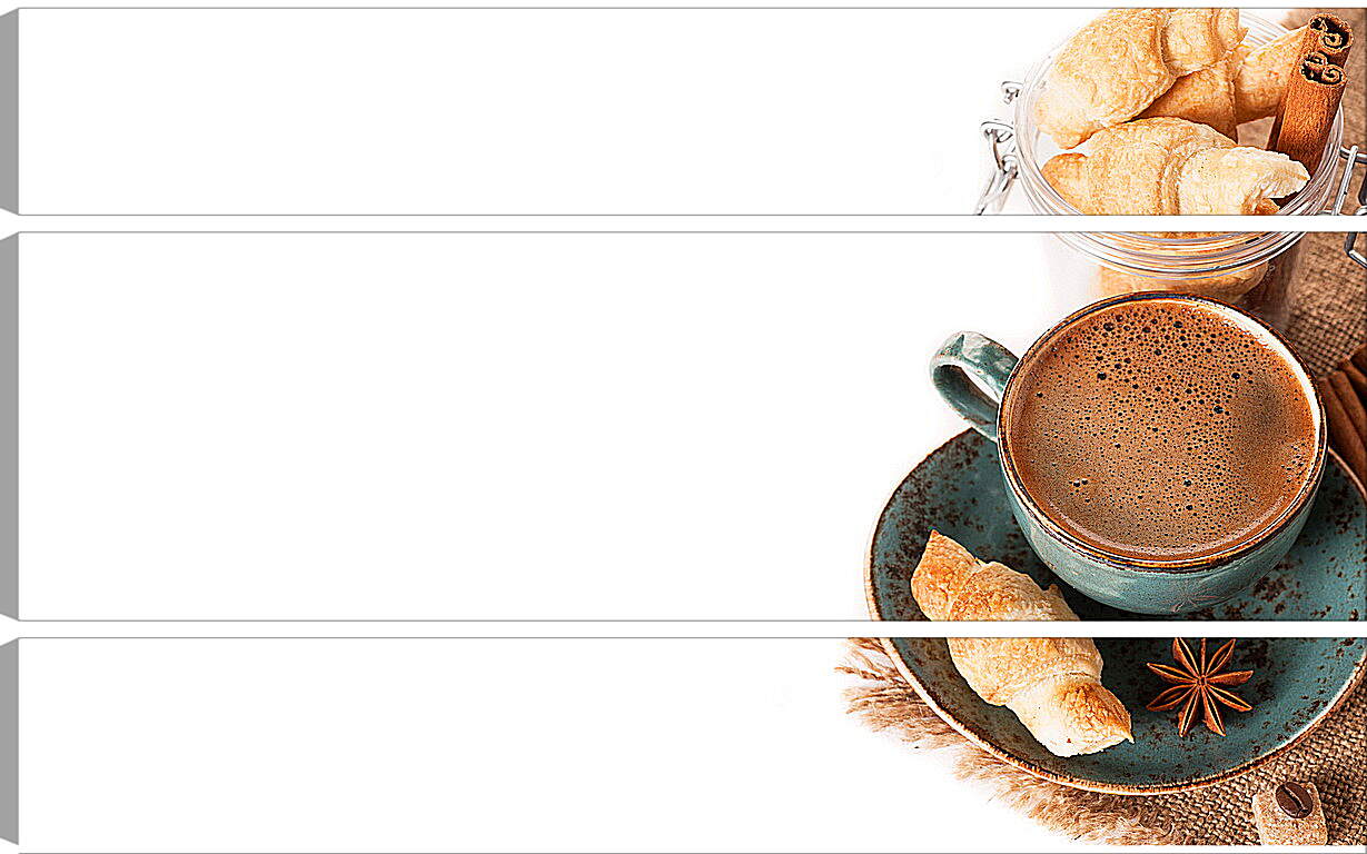 Модульная картина - Круассан на блюдечке и чашка кофе