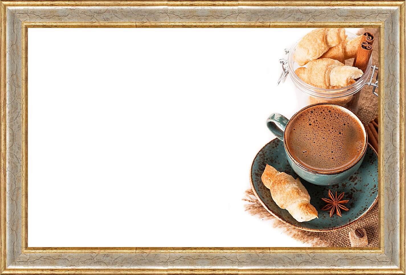 Картина в раме - Круассан на блюдечке и чашка кофе