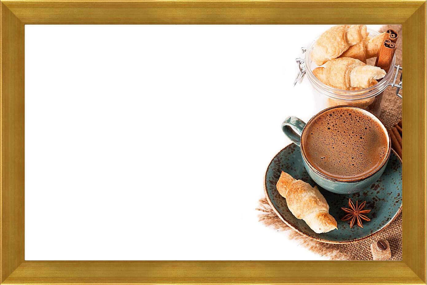 Картина в раме - Круассан на блюдечке и чашка кофе