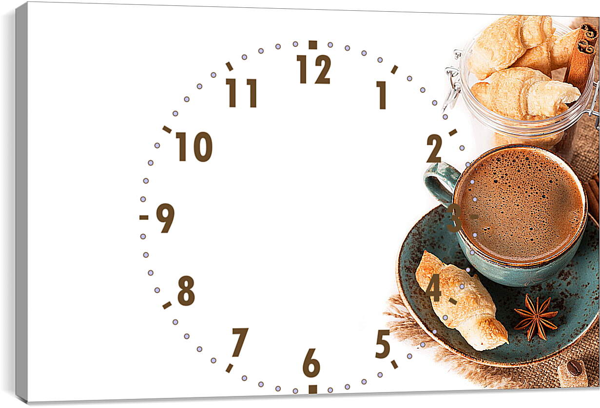 Часы картина - Круассан на блюдечке и чашка кофе