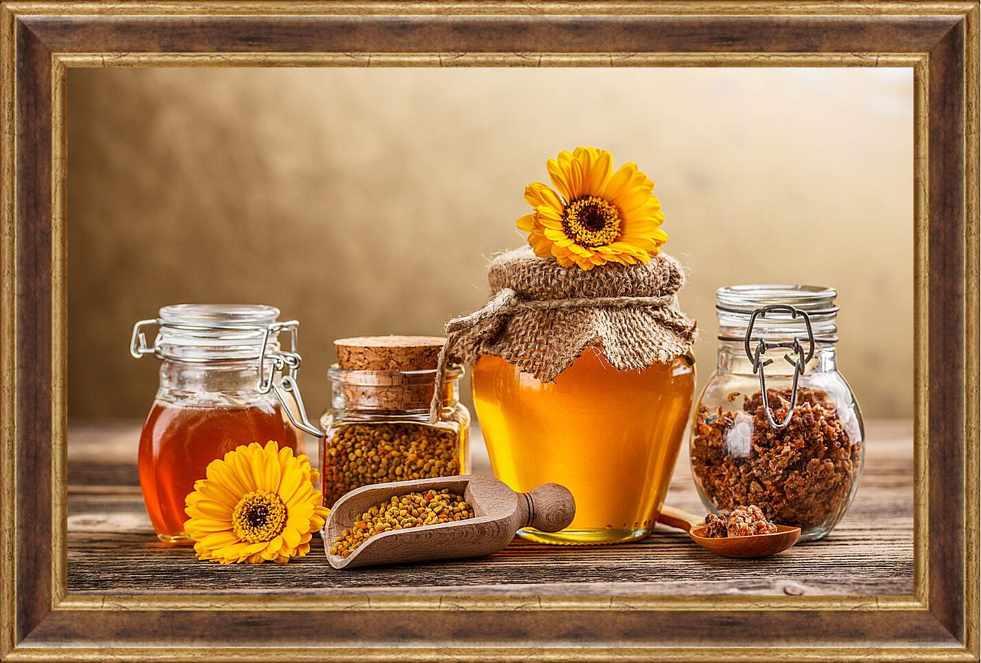 Картина в раме - Две баночки мёда на столе