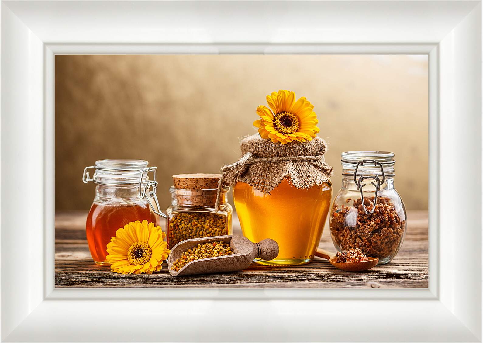 Картина в раме - Две баночки мёда на столе