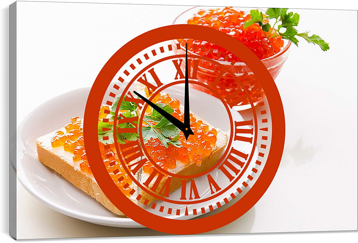 Часы картина - Красная икра и два бутерброда на тарелке