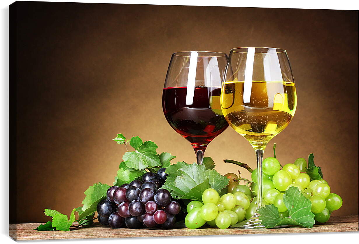 Постер и плакат - Два бокала красного и белого вина и виноград