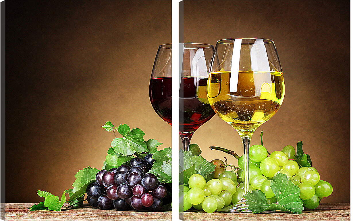 Модульная картина - Два бокала красного и белого вина и виноград
