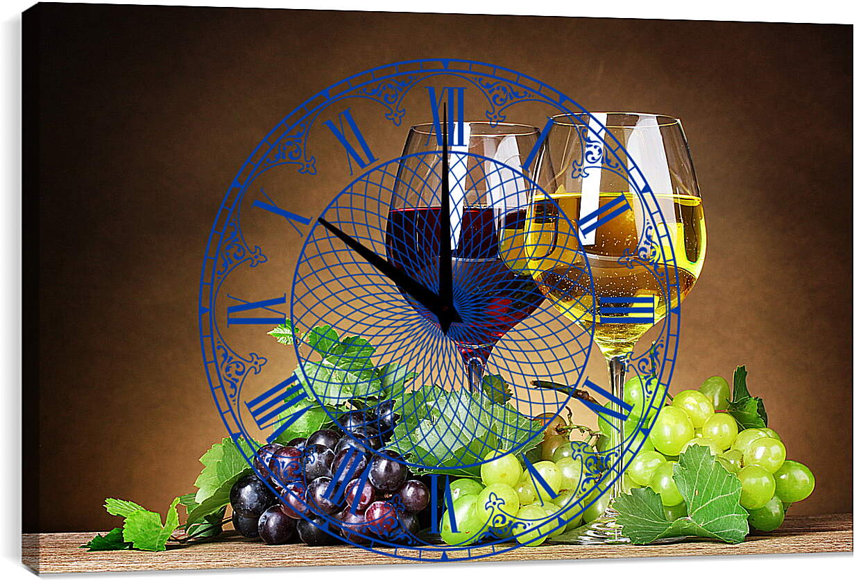 Часы картина - Два бокала красного и белого вина и виноград