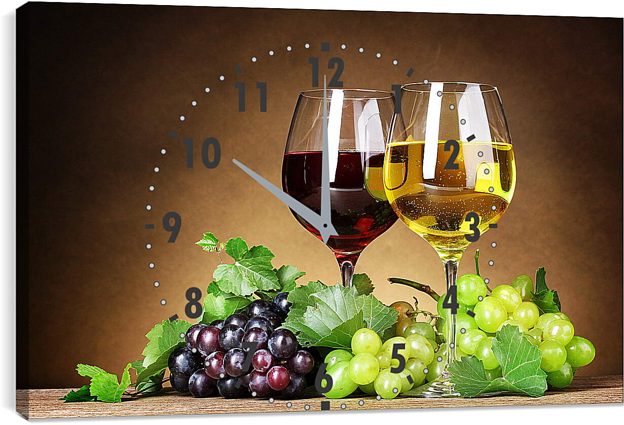 Часы картина - Два бокала красного и белого вина и виноград
