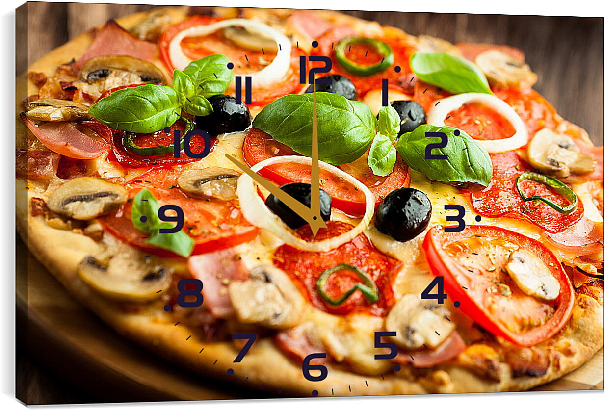 Часы картина - Грибная пицца с оливками