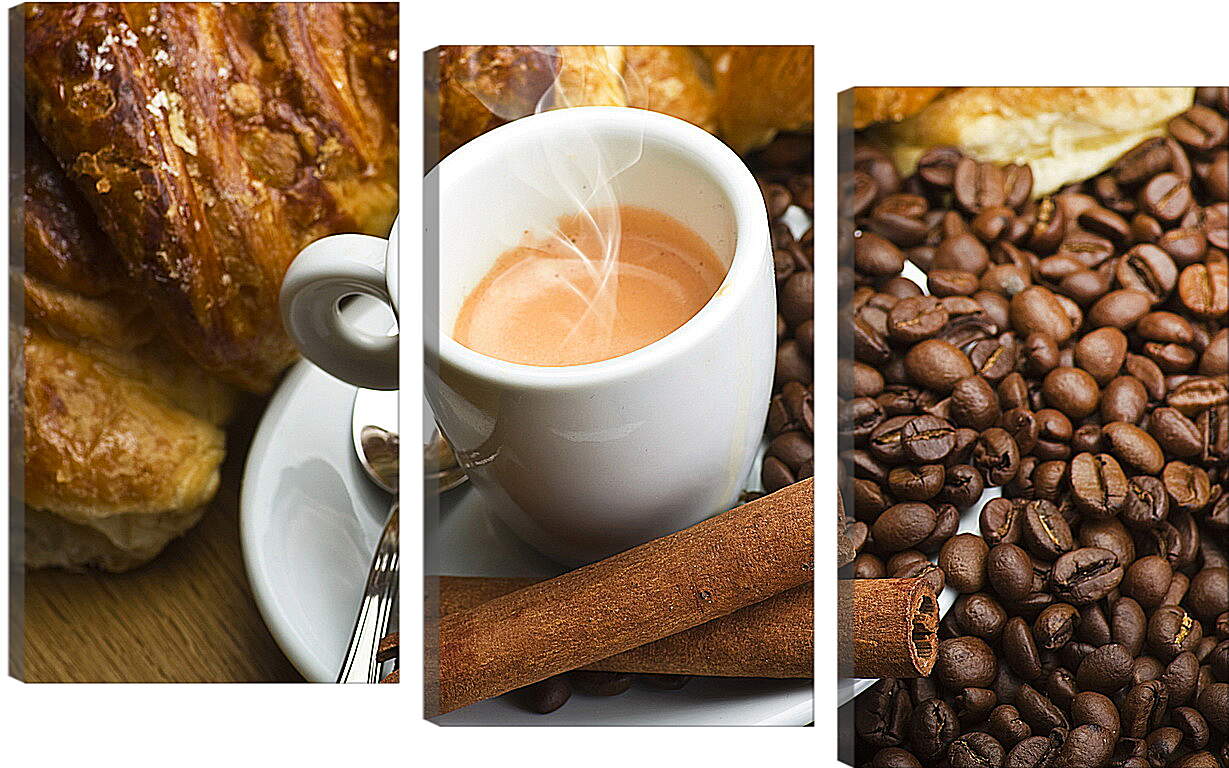Модульная картина - Половина чашки кофе на блюдце и выпечка