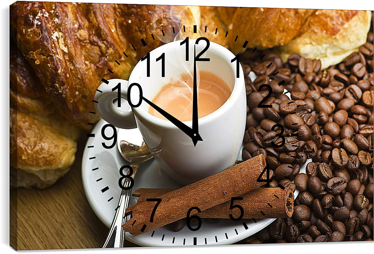 Часы картина - Половина чашки кофе на блюдце и выпечка