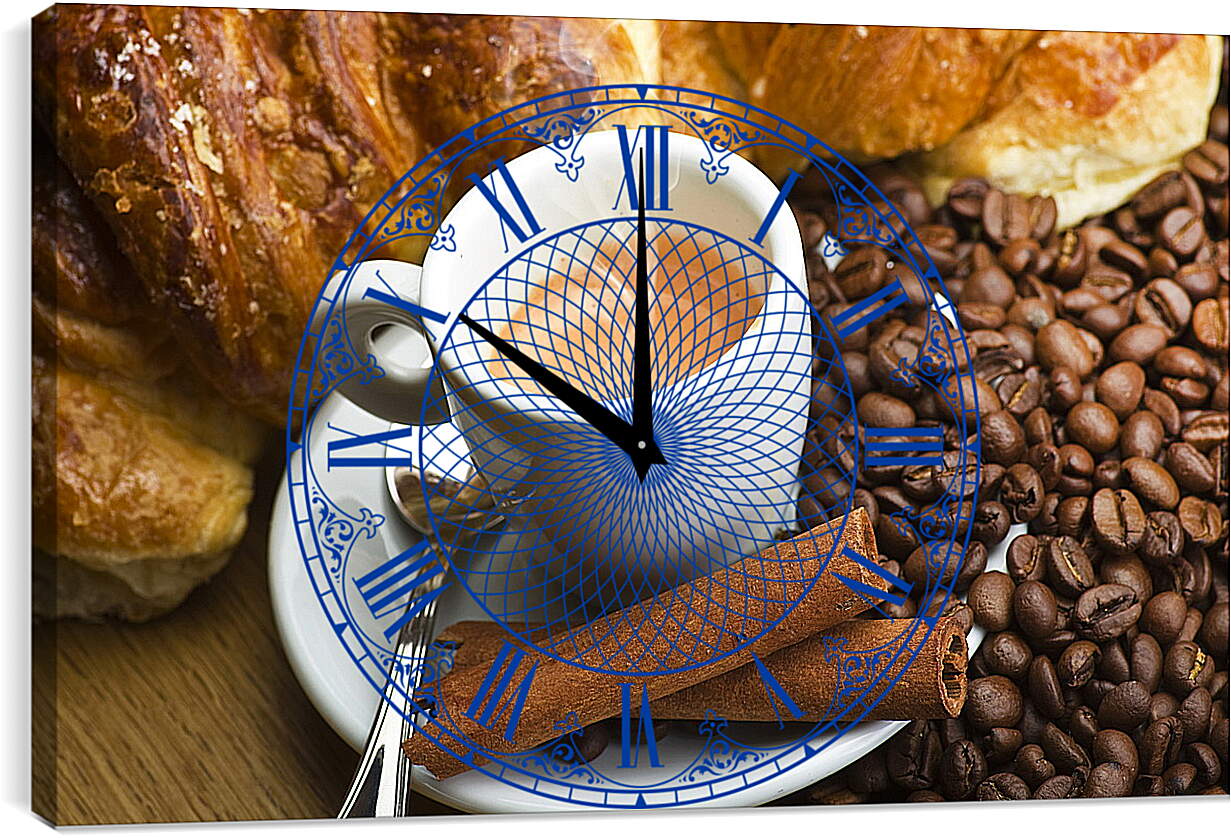 Часы картина - Половина чашки кофе на блюдце и выпечка
