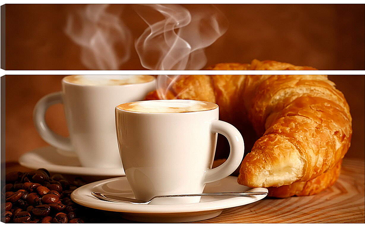 Модульная картина - Две чашечки горячего кофе и два круассана