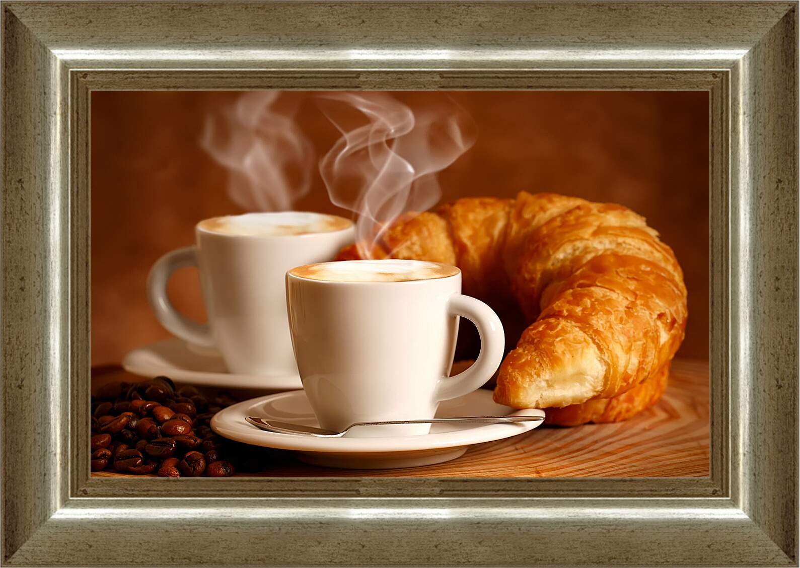 Картина в раме - Две чашечки горячего кофе и два круассана