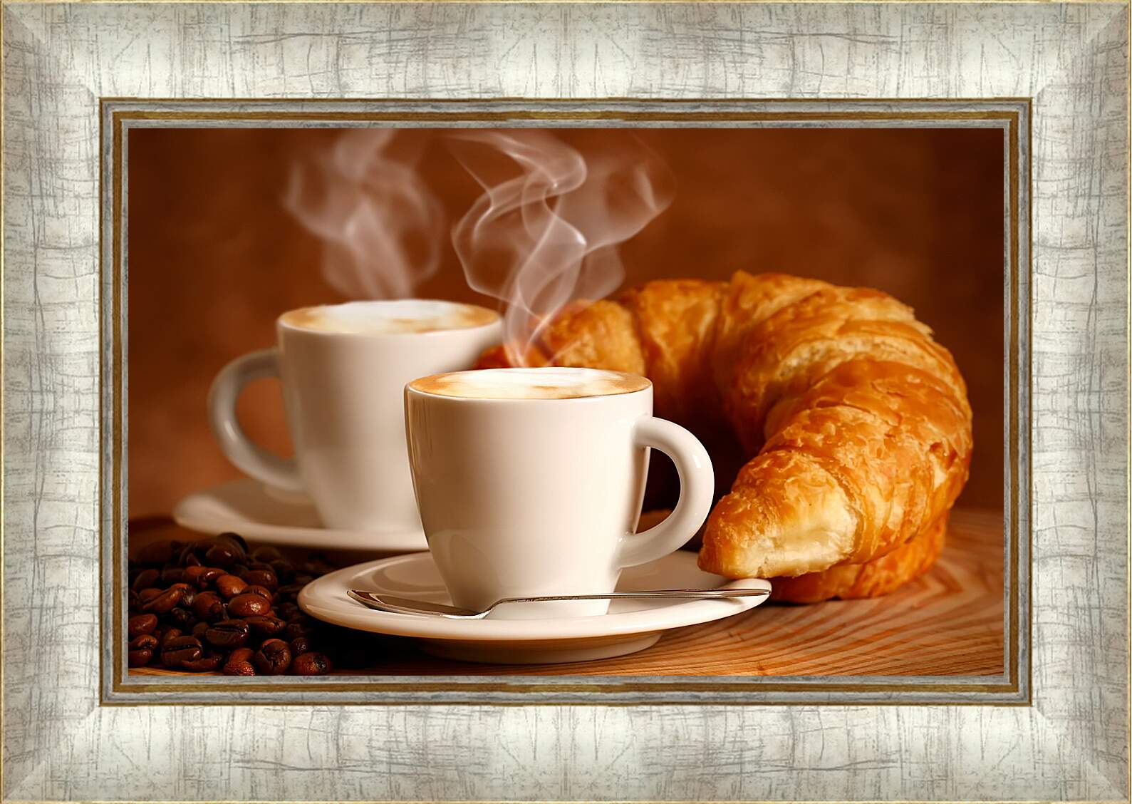 Картина в раме - Две чашечки горячего кофе и два круассана