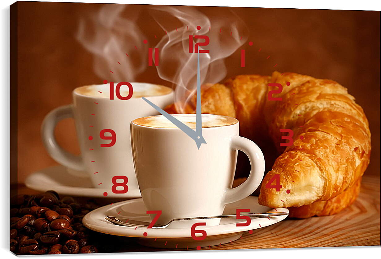 Часы картина - Две чашечки горячего кофе и два круассана