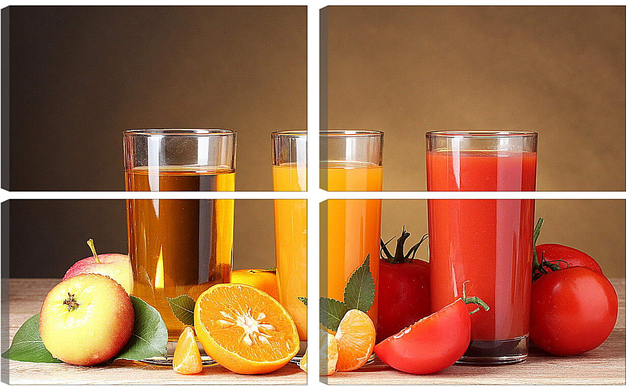 Модульная картина - Яблочный, апельсиновый, томатный соки